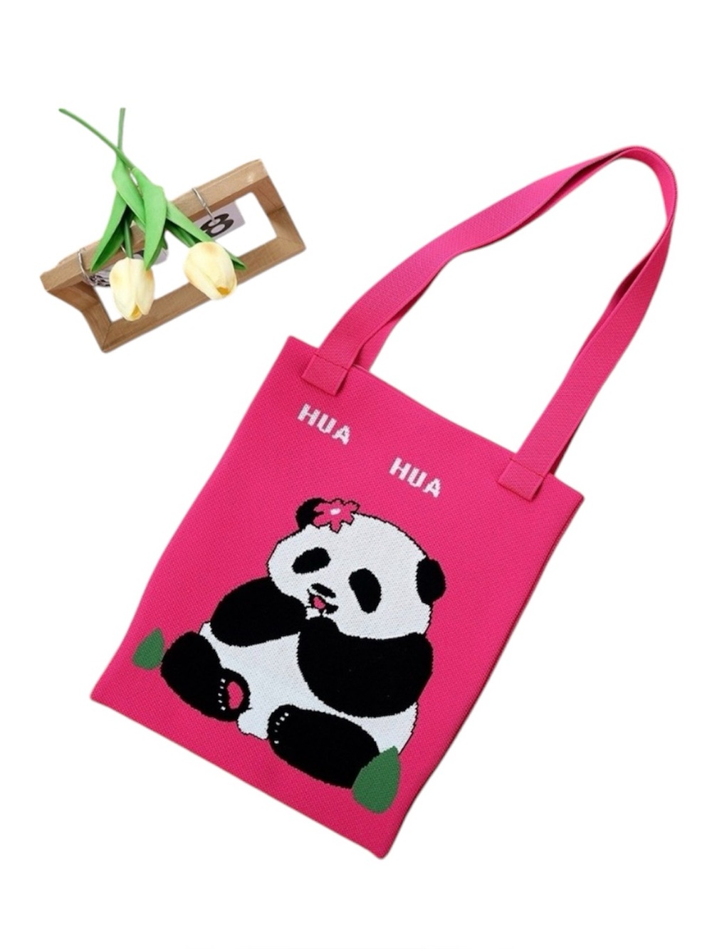 Hot Pink Knit Panda Tote Bag | "HUA HUA" Graphic Shoulder Bag